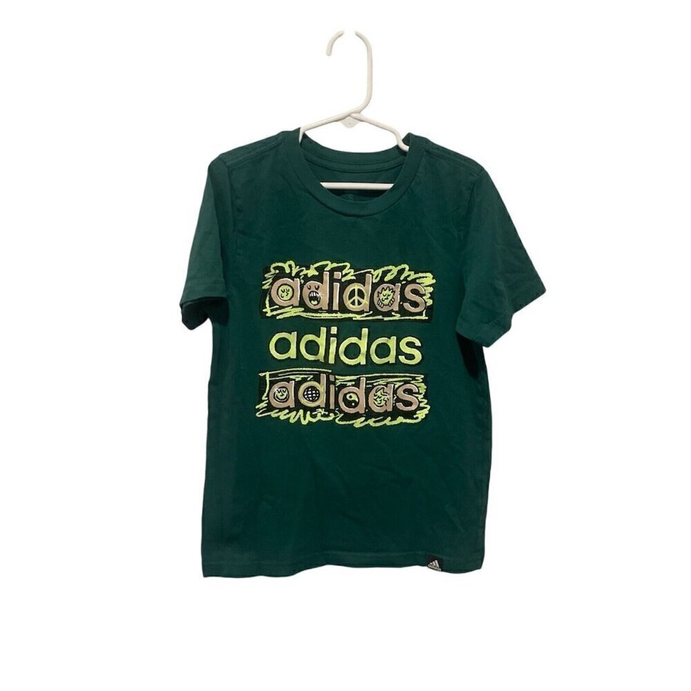 adidas Youth Boys T Shirt Green Size Small Logo Short Sleeve Regular Fit Cotton